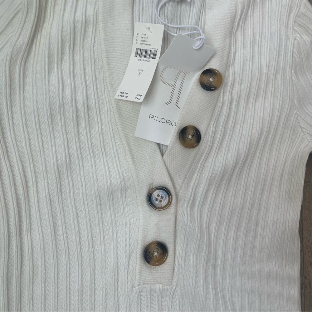 Pilcro Ivory Ribbed V-Neck Sweater with Offset Button Detail - Picture 3 of 6